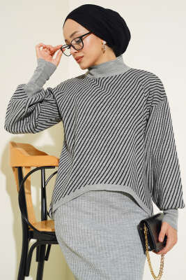 Yatay Çizgili Jileli Triko İkili Takım Gri - Triko İkili Takım