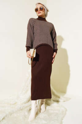 Yatay Çizgili Jileli Triko İkili Takım Kahve - Triko İkili Takım