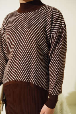 Yatay Çizgili Jileli Triko İkili Takım Kahve - Triko İkili Takım