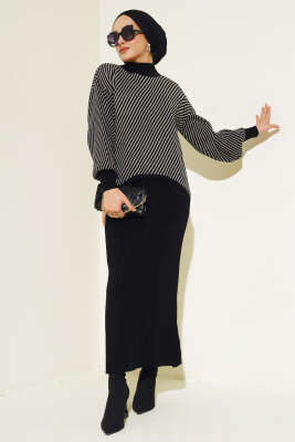 Yatay Çizgili Jileli Triko İkili Takım Siyah - DİLASU