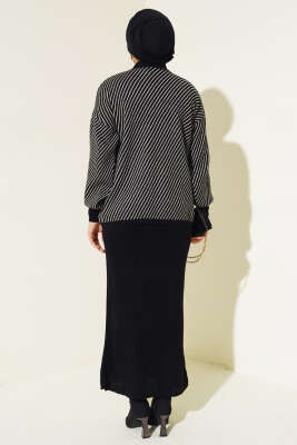 Yatay Çizgili Jileli Triko İkili Takım Siyah - Triko İkili Takım