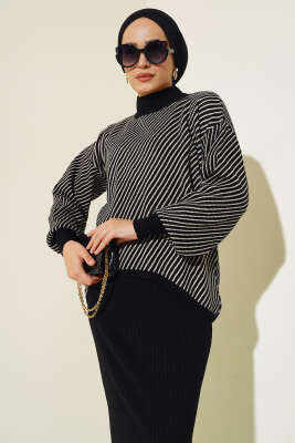 Yatay Çizgili Jileli Triko İkili Takım Siyah - Triko İkili Takım