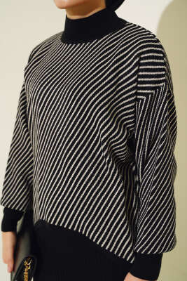 Yatay Çizgili Jileli Triko İkili Takım Siyah - Triko İkili Takım