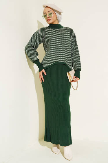 Yatay Çizgili Jileli Triko İkili Takım Zümrüt - İkili Takım
