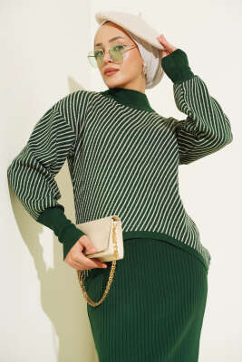 Yatay Çizgili Jileli Triko İkili Takım Zümrüt - Triko İkili Takım