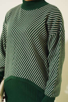 Yatay Çizgili Jileli Triko İkili Takım Zümrüt - Triko İkili Takım