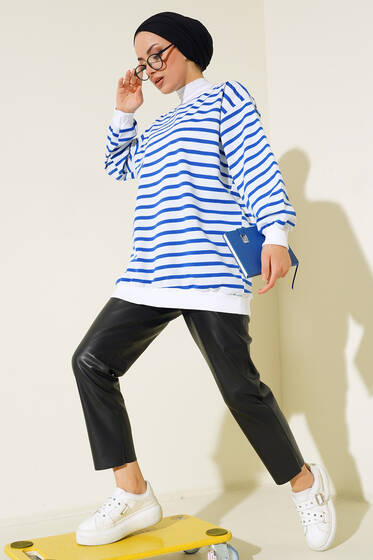 Yatay Çizgili Sweatshirt Saks - Tunik