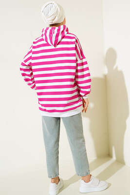 Yatay Çizgili Kapüşonlu Tunik Fuşya - Tunik