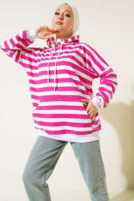Yatay Çizgili Kapüşonlu Tunik Fuşya - CALİENTE