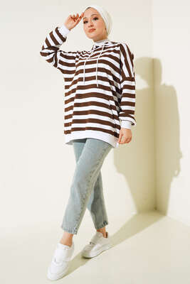 Yatay Çizgili Kapüşonlu Tunik Kahve - Tunik