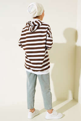 Yatay Çizgili Kapüşonlu Tunik Kahve - Tunik