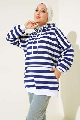 Yatay Çizgili Kapüşonlu Tunik Lacivert 