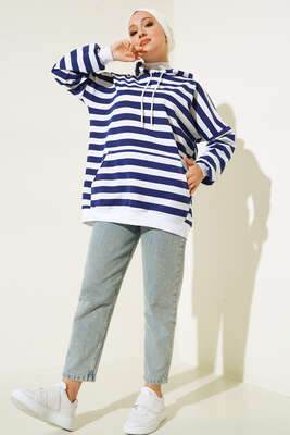 Yatay Çizgili Kapüşonlu Tunik Lacivert - Tunik