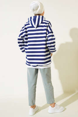 Yatay Çizgili Kapüşonlu Tunik Lacivert - Tunik