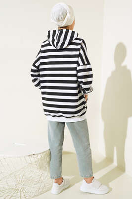 Yatay Çizgili Kapüşonlu Tunik Siyah - Tunik