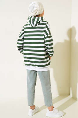 Yatay Çizgili Kapüşonlu Tunik Yeşil - Tunik