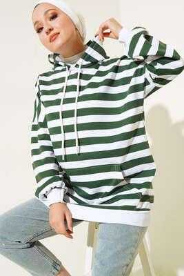 Yatay Çizgili Kapüşonlu Tunik Yeşil - CALİENTE