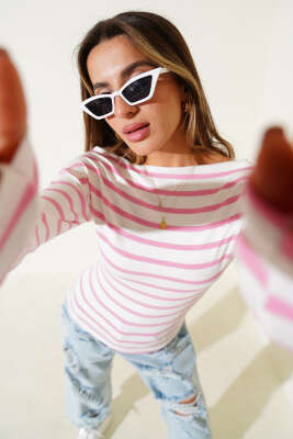 Yatay Çizgili Kayık Yaka Bluz Pembe 