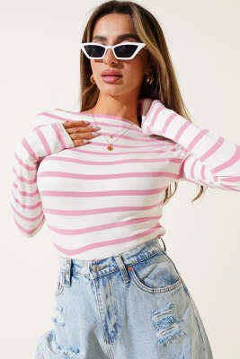 Yatay Çizgili Kayık Yaka Bluz Pembe - Yılın Fırsatı
