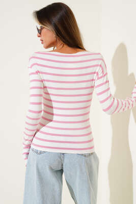 Yatay Çizgili Kayık Yaka Bluz Pembe - Yılın Fırsatı