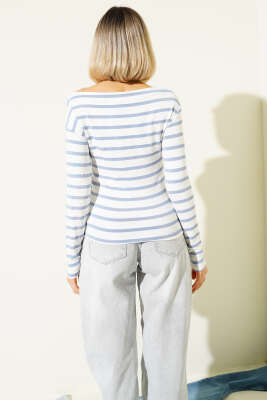 Yatay Çizgili Kayık Yaka Bluz Buz Mavisi - Kadın Giyim Modelleri