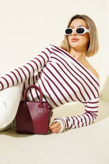 Yatay Çizgili Kayık Yaka Bluz Mürdüm - Kadın Giyim Modelleri