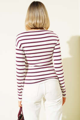 Yatay Çizgili Kayık Yaka Bluz Mürdüm - Kadın Giyim Modelleri