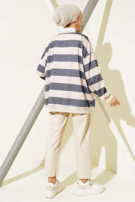 Yatay Çizgili Oversize Tunik Füme - Tunik