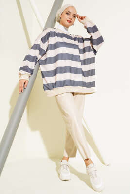 Yatay Çizgili Oversize Tunik Füme - Tunik