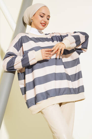 Yatay Çizgili Oversize Tunik Füme - Tunik