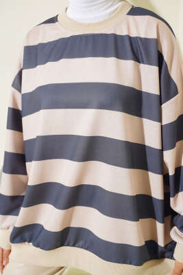 Yatay Çizgili Oversize Tunik Füme - Tunik