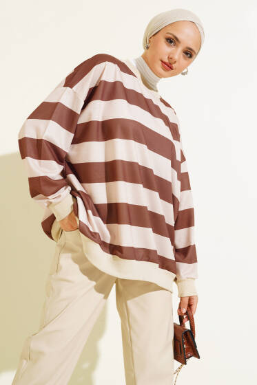 Yatay Çizgili Oversize Tunik Kahve - Tunik
