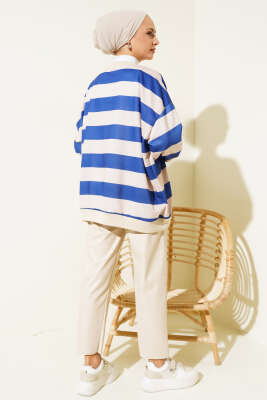Yatay Çizgili Oversize Tunik Saks - Tunik