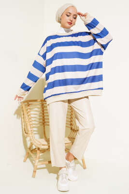 Yatay Çizgili Oversize Tunik Saks - Tunik
