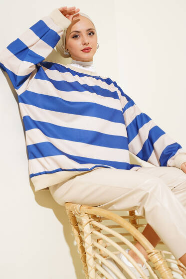 Yatay Çizgili Oversize Tunik Saks - Tunik