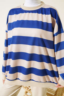 Yatay Çizgili Oversize Tunik Saks - Tunik