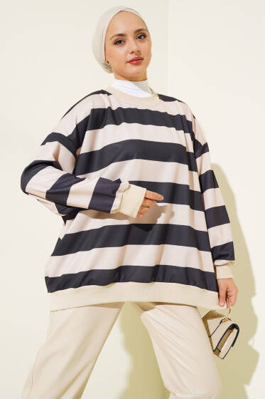 Yatay Çizgili Oversize Tunik Siyah - Tunik