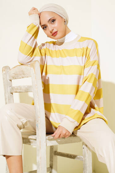 Yatay Çizgili Oversize Tunik Yağ Yeşili - Tunik