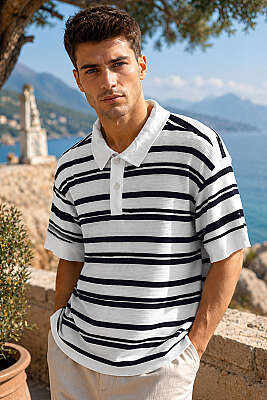 Yatay Çizgili Polo Yaka Erkek T-shirt Beyaz - FRESHMAN