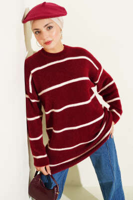 Yatay Çizgili Sakallı Triko Tunik Bordo - NESSİA