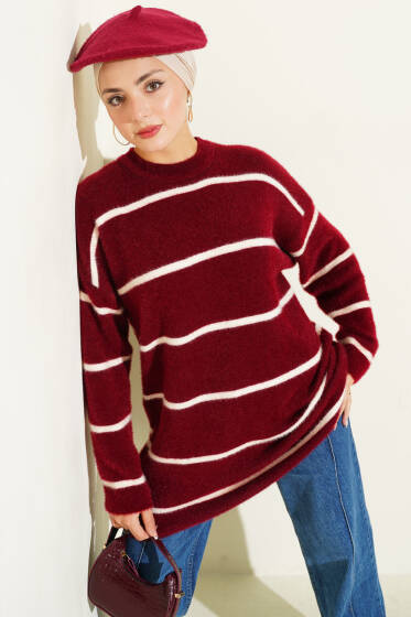 Yatay Çizgili Sakallı Triko Tunik Bordo - Tunik