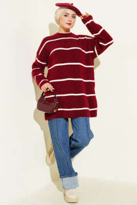 Yatay Çizgili Sakallı Triko Tunik Bordo - Tunik