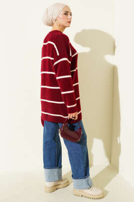 Yatay Çizgili Sakallı Triko Tunik Bordo - Tunik