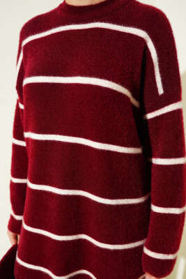 Yatay Çizgili Sakallı Triko Tunik Bordo - Tunik