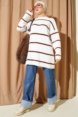 Yatay Çizgili Sakallı Triko Tunik Ekru - Tunik