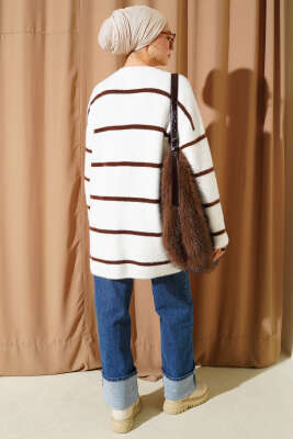 Yatay Çizgili Sakallı Triko Tunik Ekru - Tunik