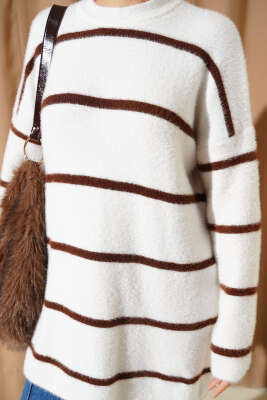 Yatay Çizgili Sakallı Triko Tunik Ekru - Tunik