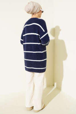 Yatay Çizgili Sakallı Triko Tunik Lacivert - Tunik