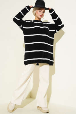 Yatay Çizgili Sakallı Triko Tunik Siyah - Tunik