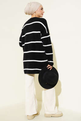 Yatay Çizgili Sakallı Triko Tunik Siyah - Tunik